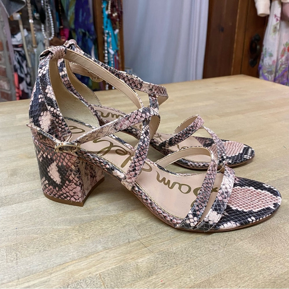 SAM EDELMAN Stacie Block Heel Sandals Pink Snakeskin 8.5